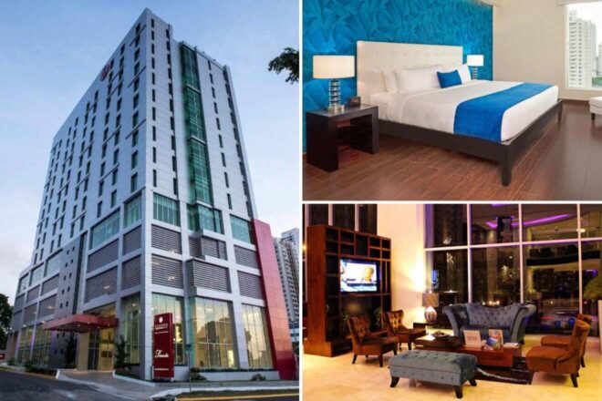 A collage of three hotel photos: a tall, modern hotel building with sleek architecture, a stylish bedroom with a vibrant blue accent wall and comfortable bed, and a contemporary lounge area with plush seating and a large TV.