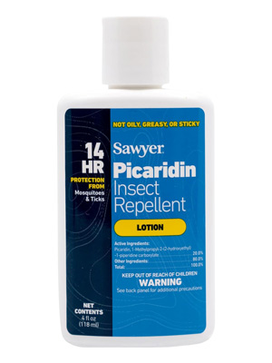 A bottle of Sawyer Picaridin Insect Repellent Lotion, offering 14 hours of protection from mosquitoes and ticks. The bottle is labeled as non-greasy and non-sticky, with 118 ml (4 fl oz) content.