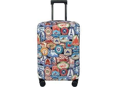 A rolling suitcase with a design featuring various travel-themed stickers and logos from different cities and countries.