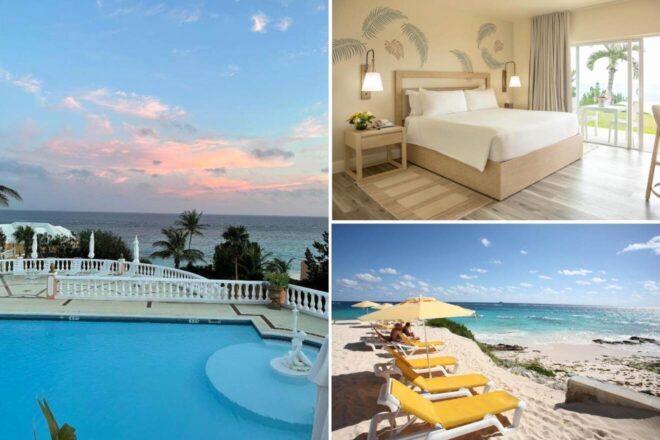 Collage of a tropical resort: ocean view at sunset, hotel room with a king bed, poolside scene, and beach chairs with umbrellas facing the sea under a blue sky.