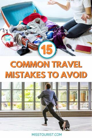 A packed suitcase with clothes and travel essentials spilling out, with the text '15 Common Travel Mistakes to Avoid' prominently displayed. The image features items like a striped shirt, a hat, headphones, and a camera