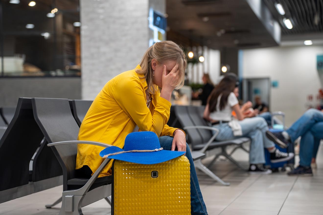 Person in a yellow jacket sitting with a blue hat on a yellow suitcase, appearing stressed, in an airport waiting area.