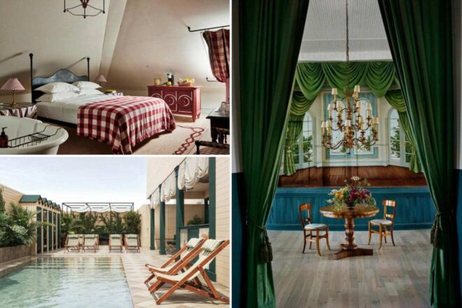 A collage shows a bedroom with checkered bedding, a formal dining room with green curtains, and an outdoor pool area with lounge chairs.