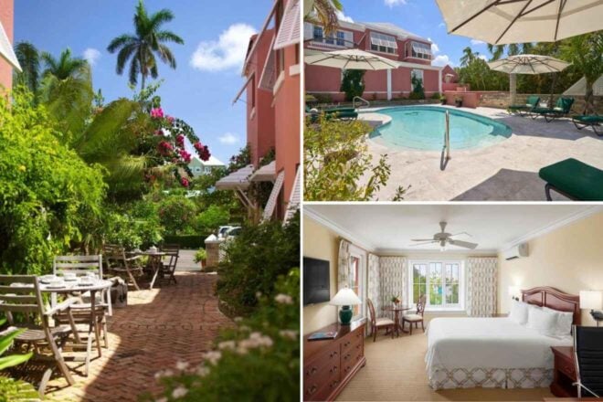 Collage showing a garden patio with dining set, a swimming pool area with lounge chairs, and a hotel room with a bed, desk, TV, and ceiling fan.