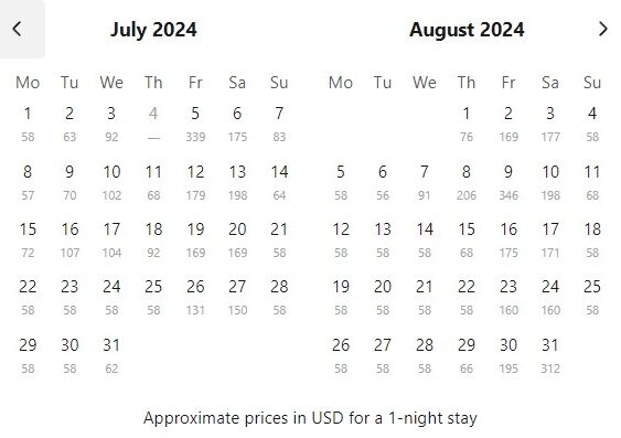 Calendar showing approximate nightly prices in USD for July and August 2024, ranging from $58 to $339.