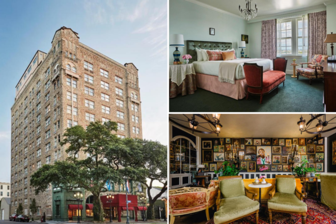A collage shows an exterior view of a historic brick hotel, a vintage-style bedroom, and a lounge with armchairs and framed portraits on the walls.