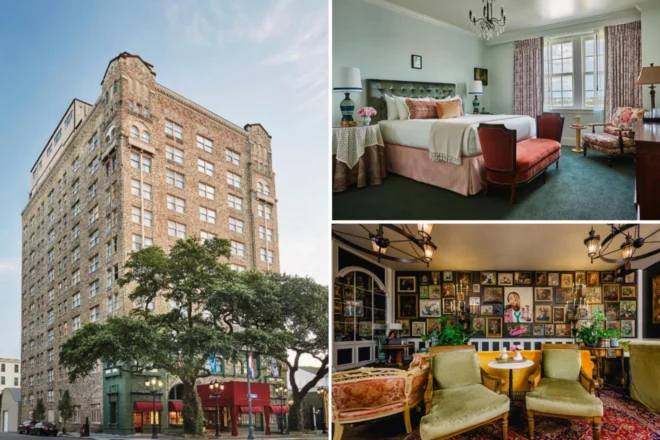 A collage shows an exterior view of a historic brick hotel, a vintage-style bedroom, and a lounge with armchairs and framed portraits on the walls.
