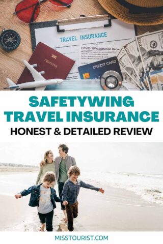 Travel insurance documents, a credit card, money, and small travel items are displayed on a desk. A family of four walks along a beach in the second image. The text reads "SafetyWing Travel Insurance: Honest & Detailed Review.