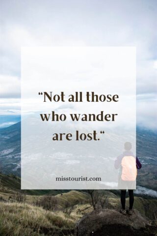 Image of a person standing on a mountain top with a view of the landscape below, with the quote "Not all those who wander are lost." and the website "misstourist.com" displayed on the image.