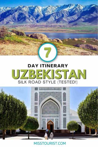 A 7-day itinerary in Uzbekistan is showcased. The top image features a scenic mountainous landscape, and the bottom image depicts a grand, intricately designed building facade with trees in front.