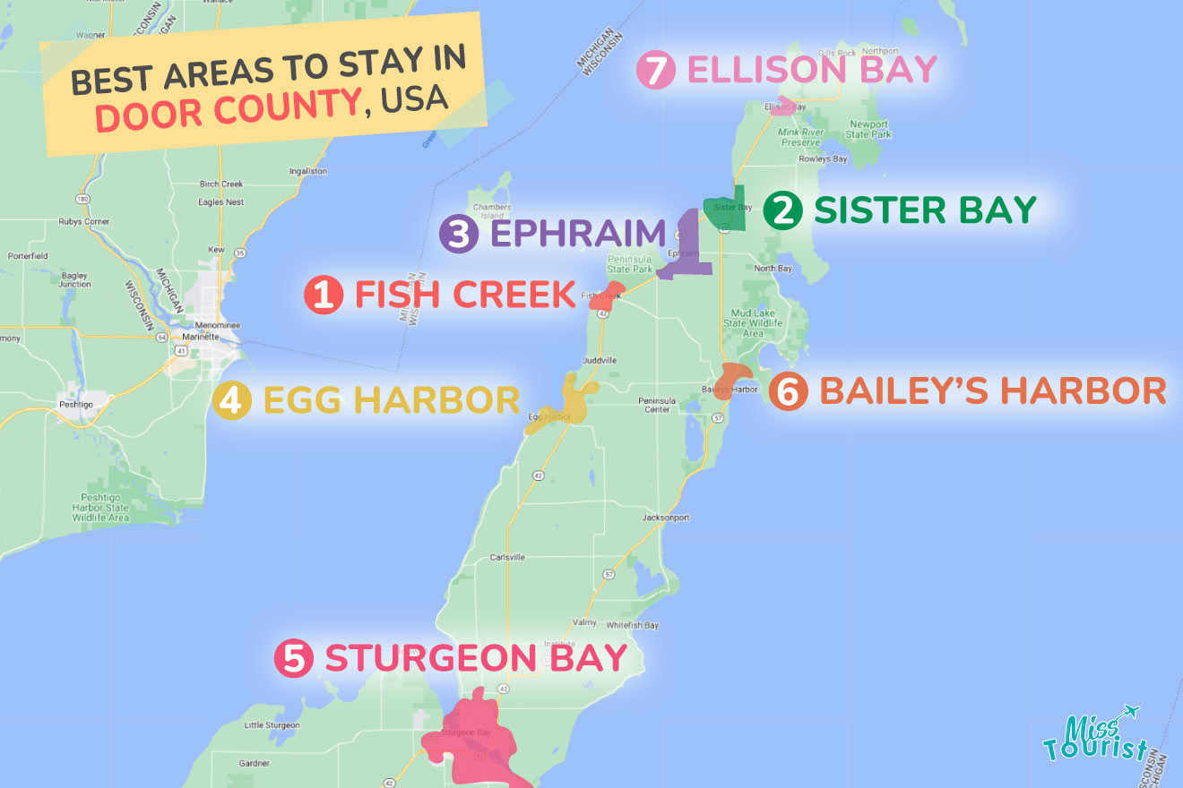 A colorful map highlighting the best areas to stay in Door-County with numbered locations and labels for easy navigation