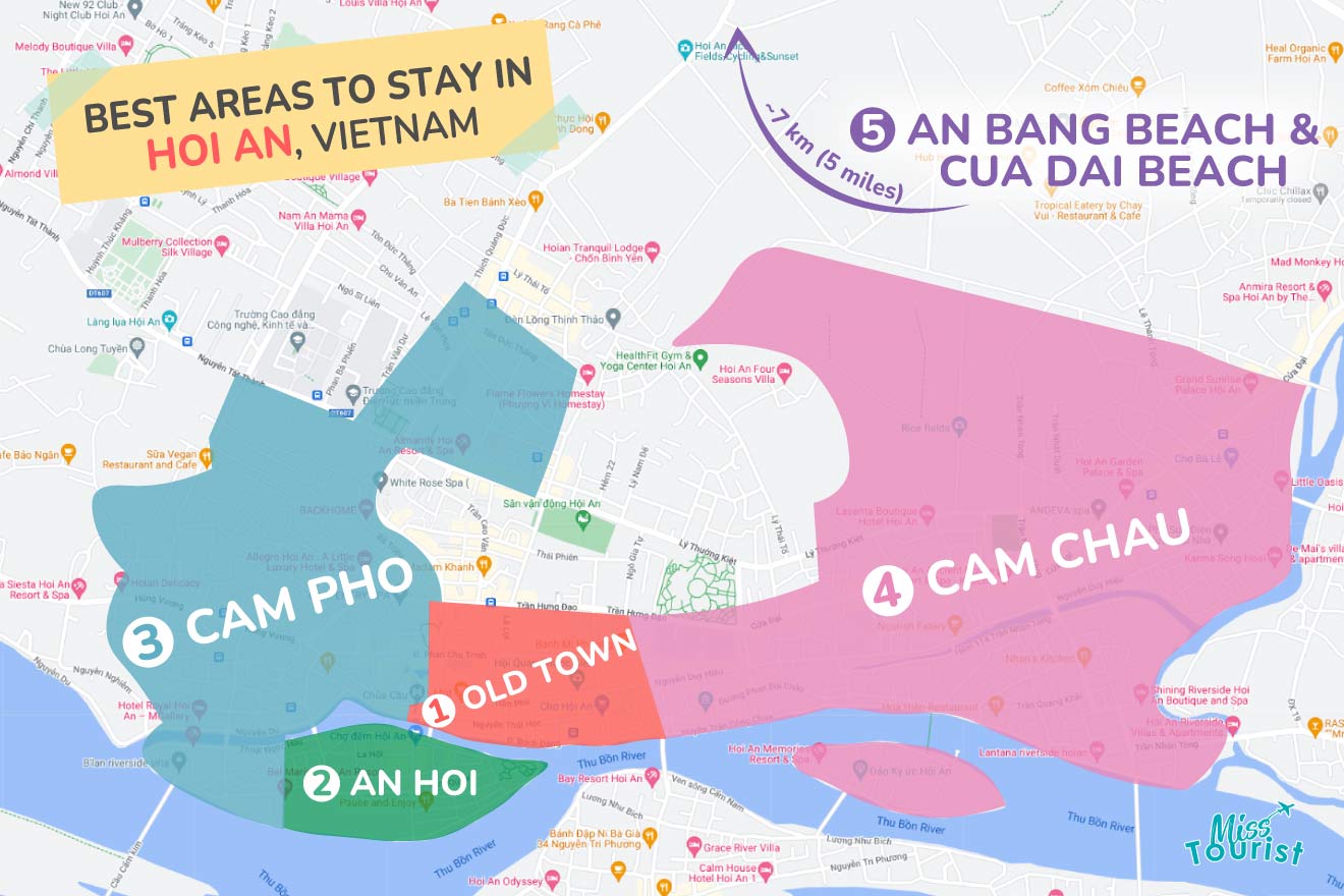 A colorful map highlighting the best areas to stay in Hoi-An with numbered locations and labels for easy navigation
