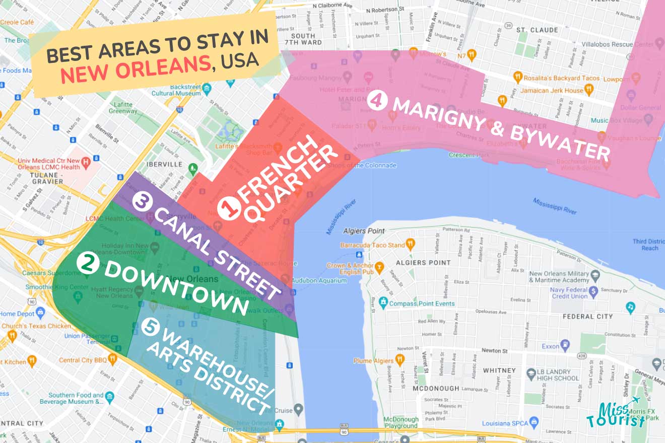 A colorful map highlighting the best areas to stay in New-Orleans with numbered locations and labels for easy navigation