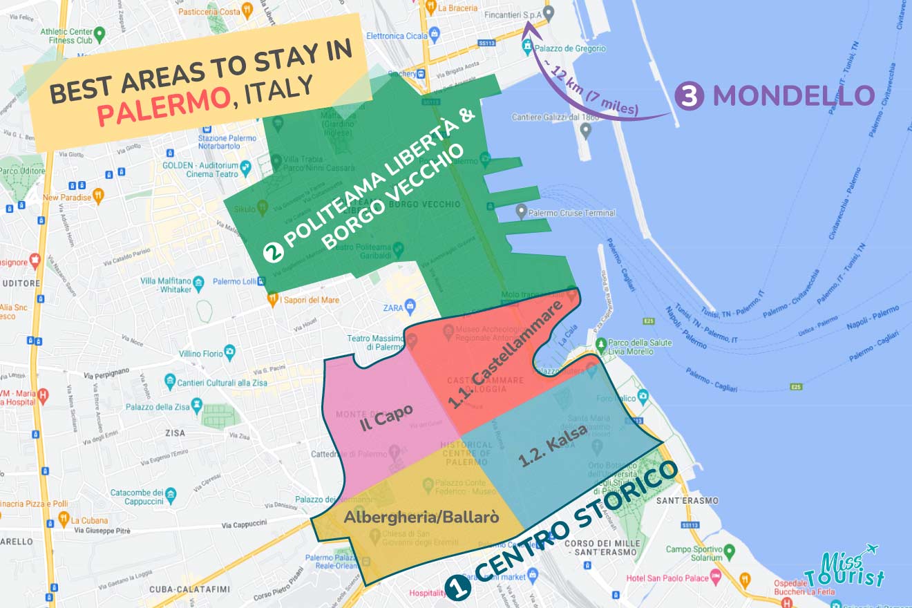 A colorful map highlighting the best areas to stay in Palermo-Sicily with numbered locations and labels for easy navigation