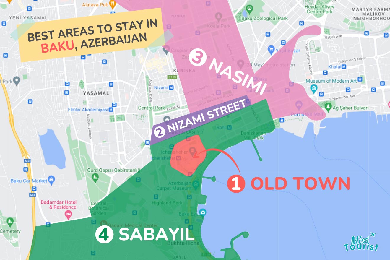 A colorful map highlighting the best areas to stay in Baku with numbered locations and labels for easy navigation