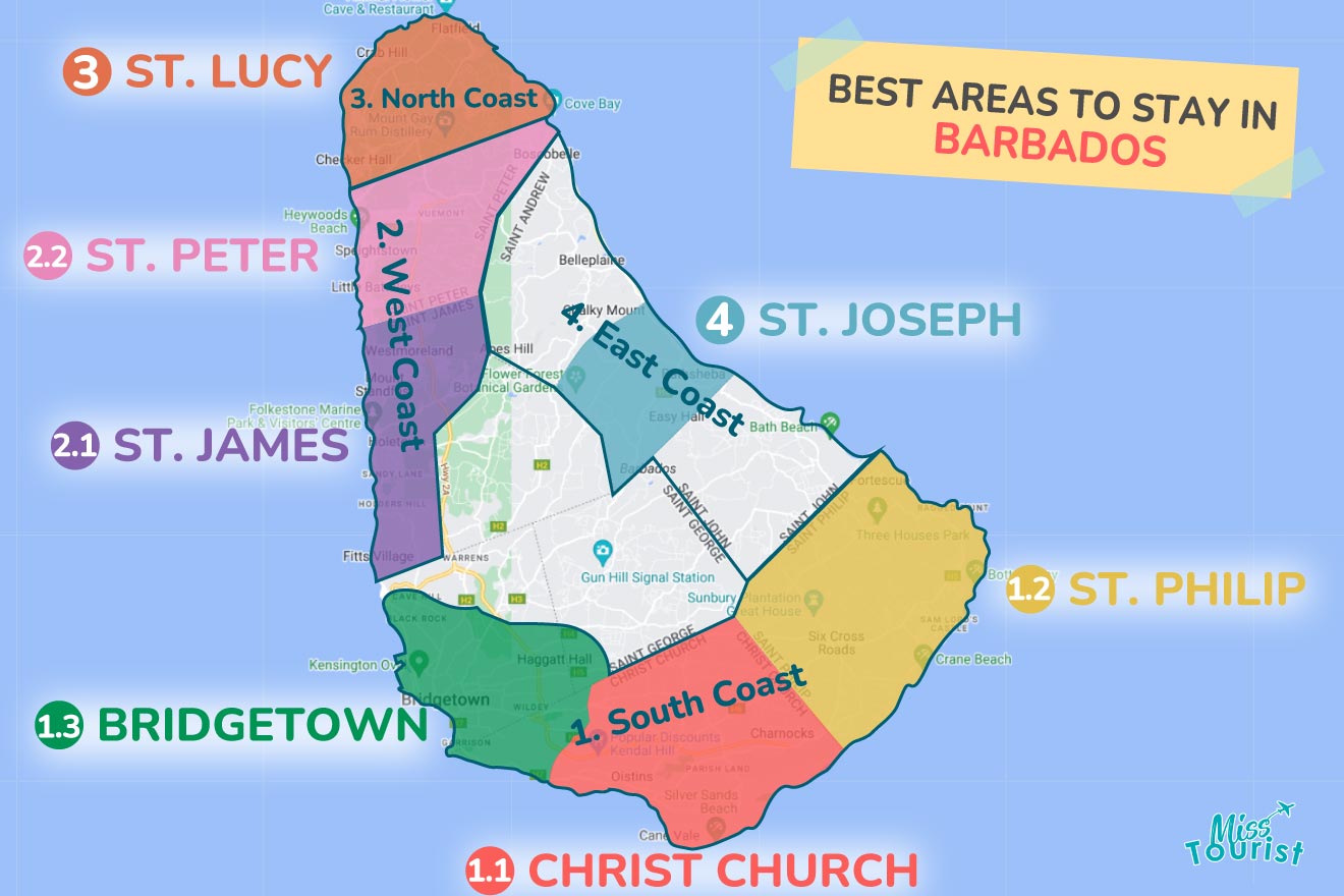 A colorful map highlighting the best areas to stay in Barbados with numbered locations and labels for easy navigation