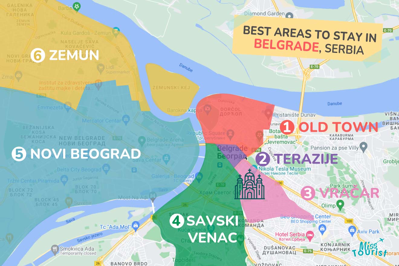 A colorful map highlighting the best areas to stay in Belgrade with numbered locations and labels for easy navigation