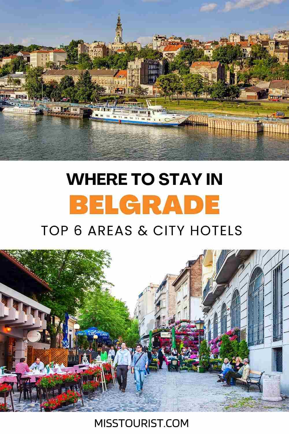 Two images of Belgrade. The top image shows a riverside cityscape with a boat. The bottom image depicts a lively street with outdoor cafes and pedestrians. Text reads: "Where to Stay in Belgrade - Top 6 Areas & City Hotels.