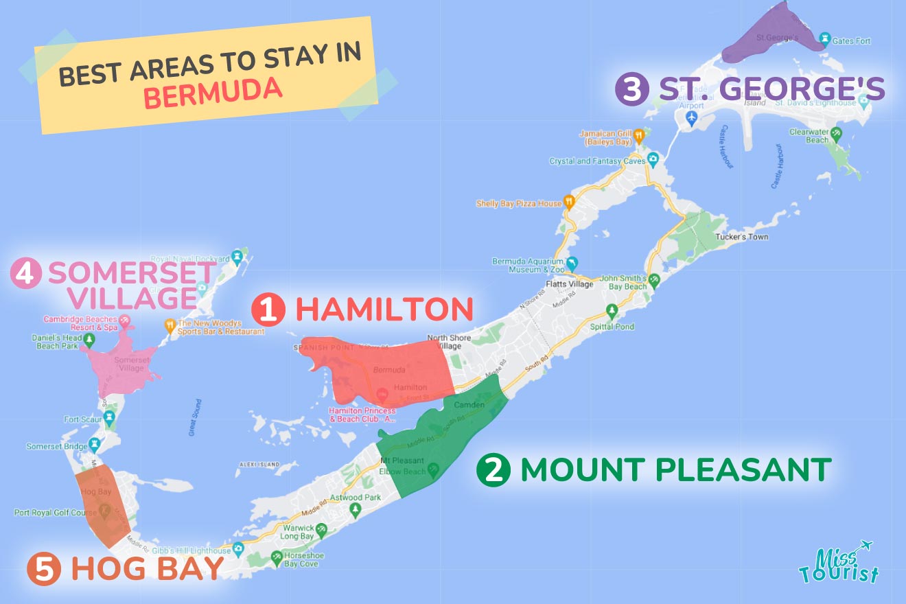 A colorful map highlighting the best areas to stay in Bermuda with numbered locations and labels for easy navigation