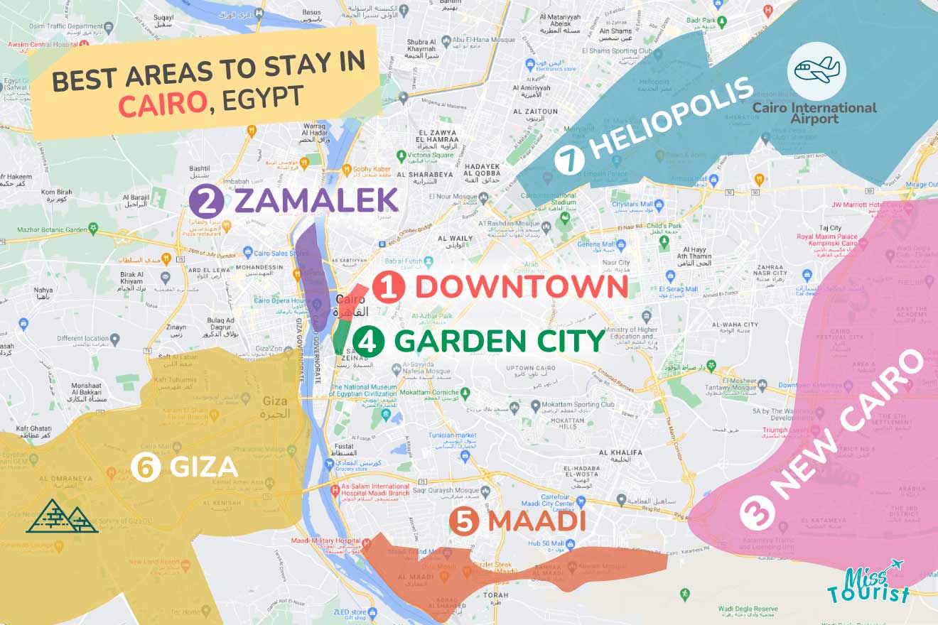A colorful map highlighting the best areas to stay in Cairo with numbered locations and labels for easy navigation