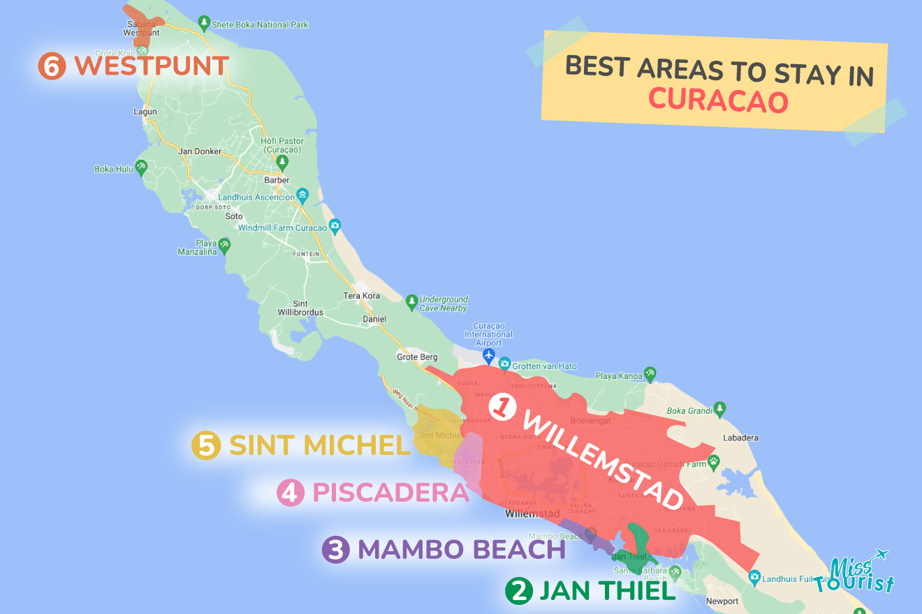 A colorful map highlighting the best areas to stay in Curacao with numbered locations and labels for easy navigation