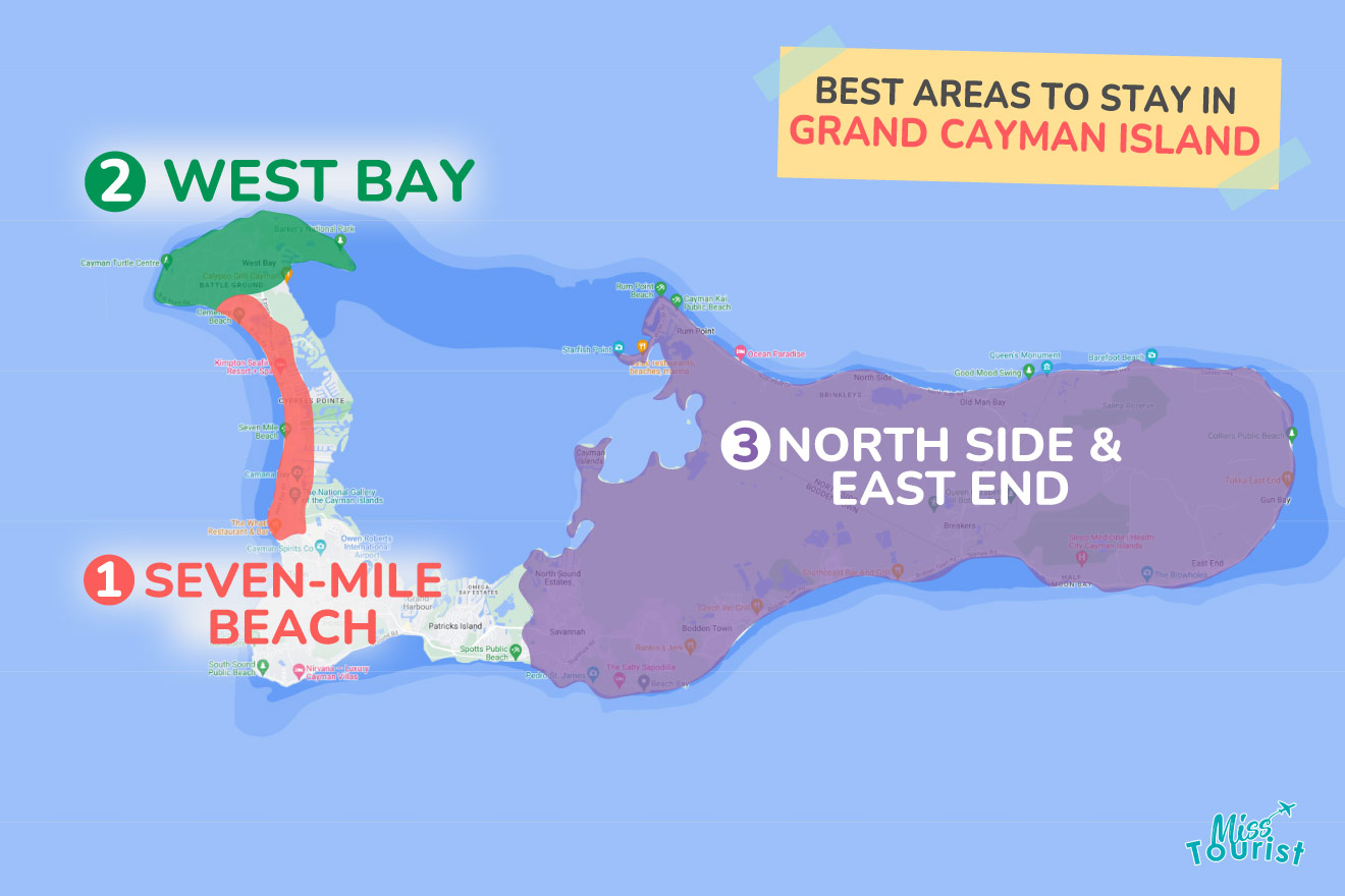 A colorful map highlighting the best areas to stay in Grand Cayman with numbered locations and labels for easy navigation