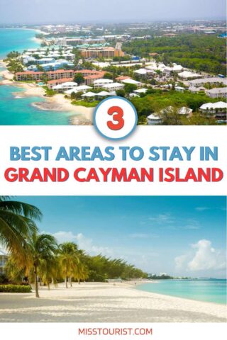 Aerial view of resort area and beach scene in Grand Cayman Island with text overlay: "3 Best Areas to Stay in Grand Cayman Island.