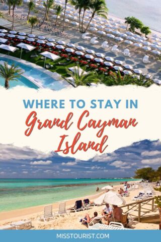 Top half of the image shows a resort with pools and lounge chairs, bottom half shows a sandy beach with people under umbrellas. Text overlay reads 'Where to stay in Grand Cayman Island'.