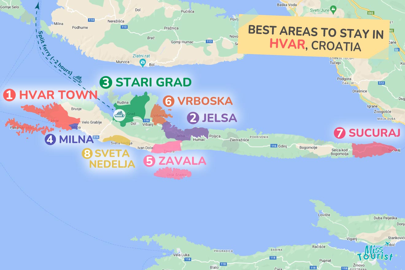 A colorful map highlighting the best areas to stay in Hvar with numbered locations and labels for easy navigation