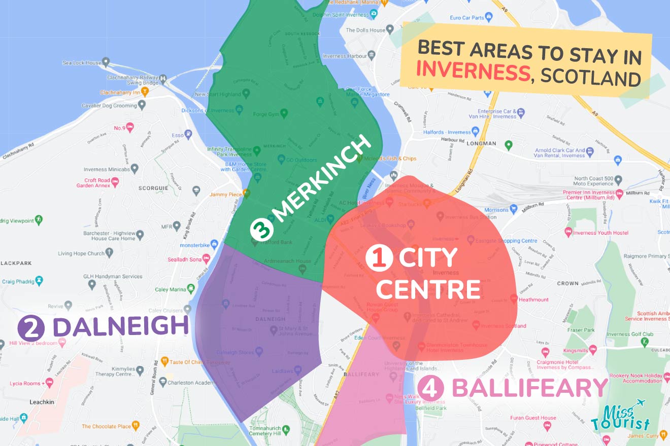 A colorful map highlighting the best areas to stay in Inverness with numbered locations and labels for easy navigation