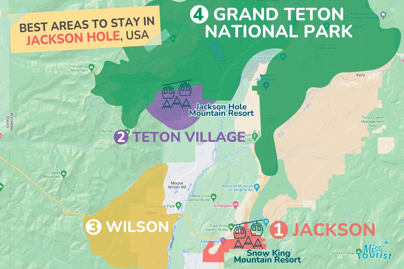 A colorful map highlighting the best areas to stay in Jackson-Hole with numbered locations and labels for easy navigation
