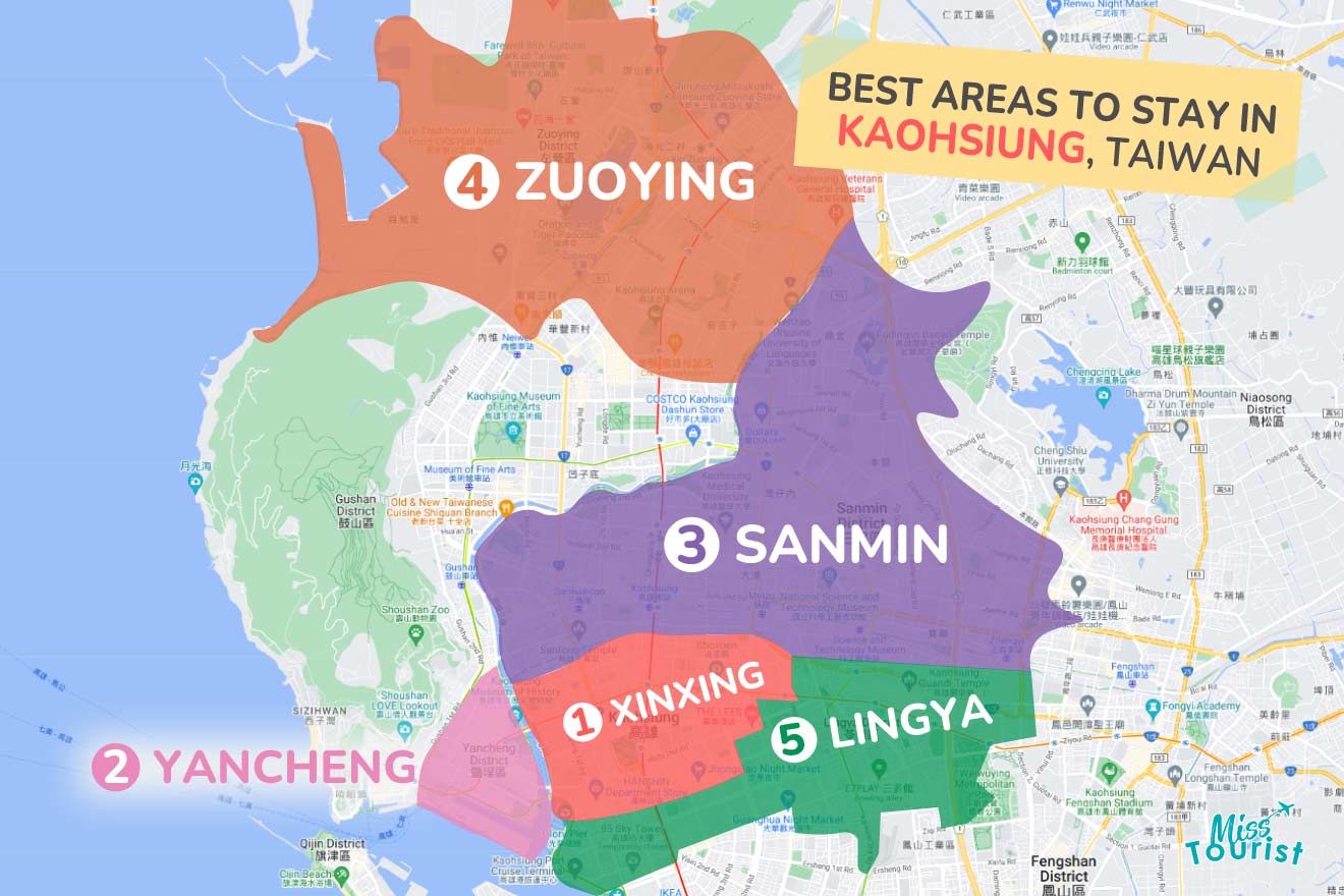 A colorful map highlighting the best areas to stay in Kaohsiung with numbered locations and labels for easy navigation