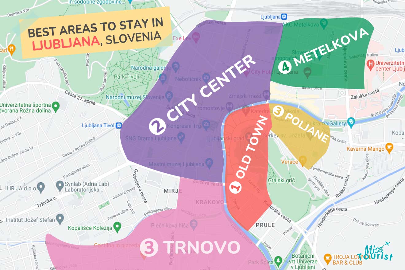 A colorful map highlighting the best areas to stay in Ljubljana with numbered locations and labels for easy navigation