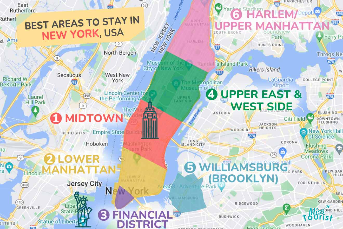 A colorful map highlighting the best areas to stay in New-York-City with numbered locations and labels for easy navigation