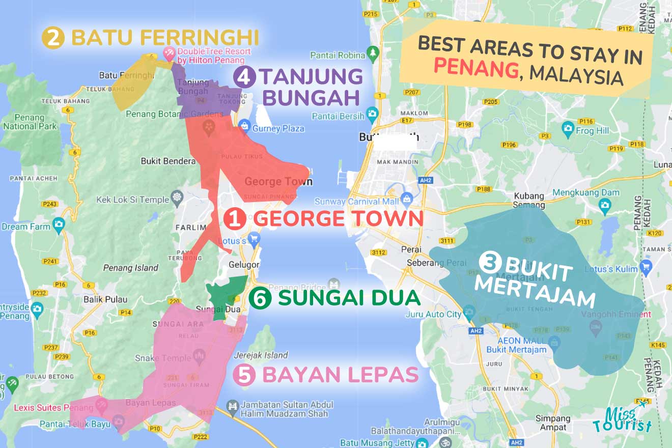 A colorful map highlighting the best areas to stay in Penang with numbered locations and labels for easy navigation