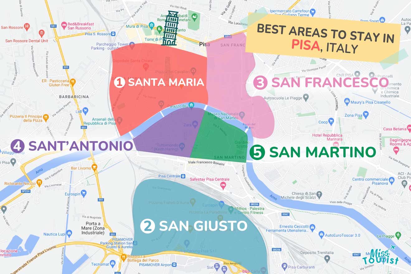 A colorful map highlighting the best areas to stay in Pisa with numbered locations and labels for easy navigation