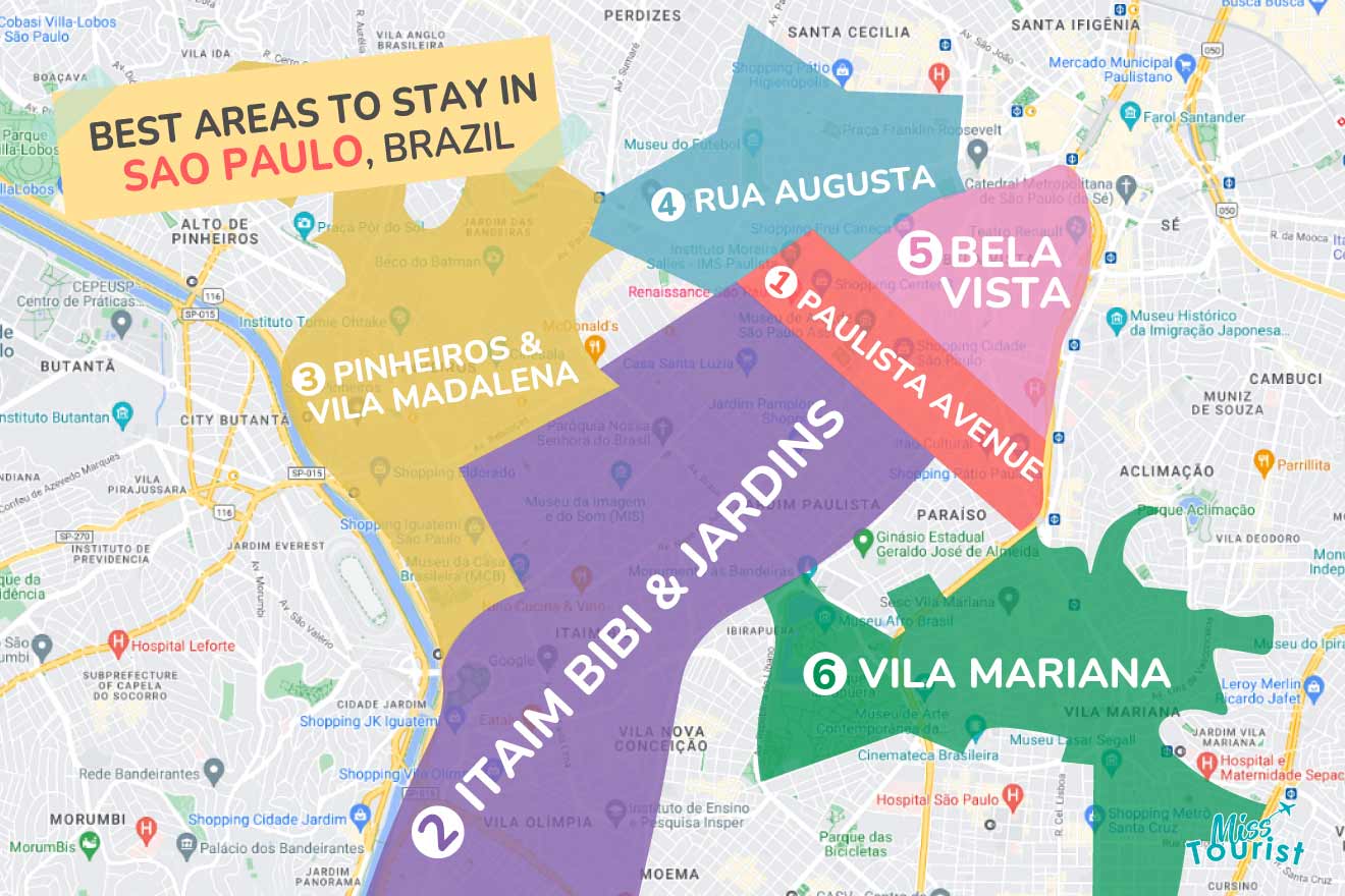 A colorful map highlighting the best areas to stay in Sao-Paulo with numbered locations and labels for easy navigation