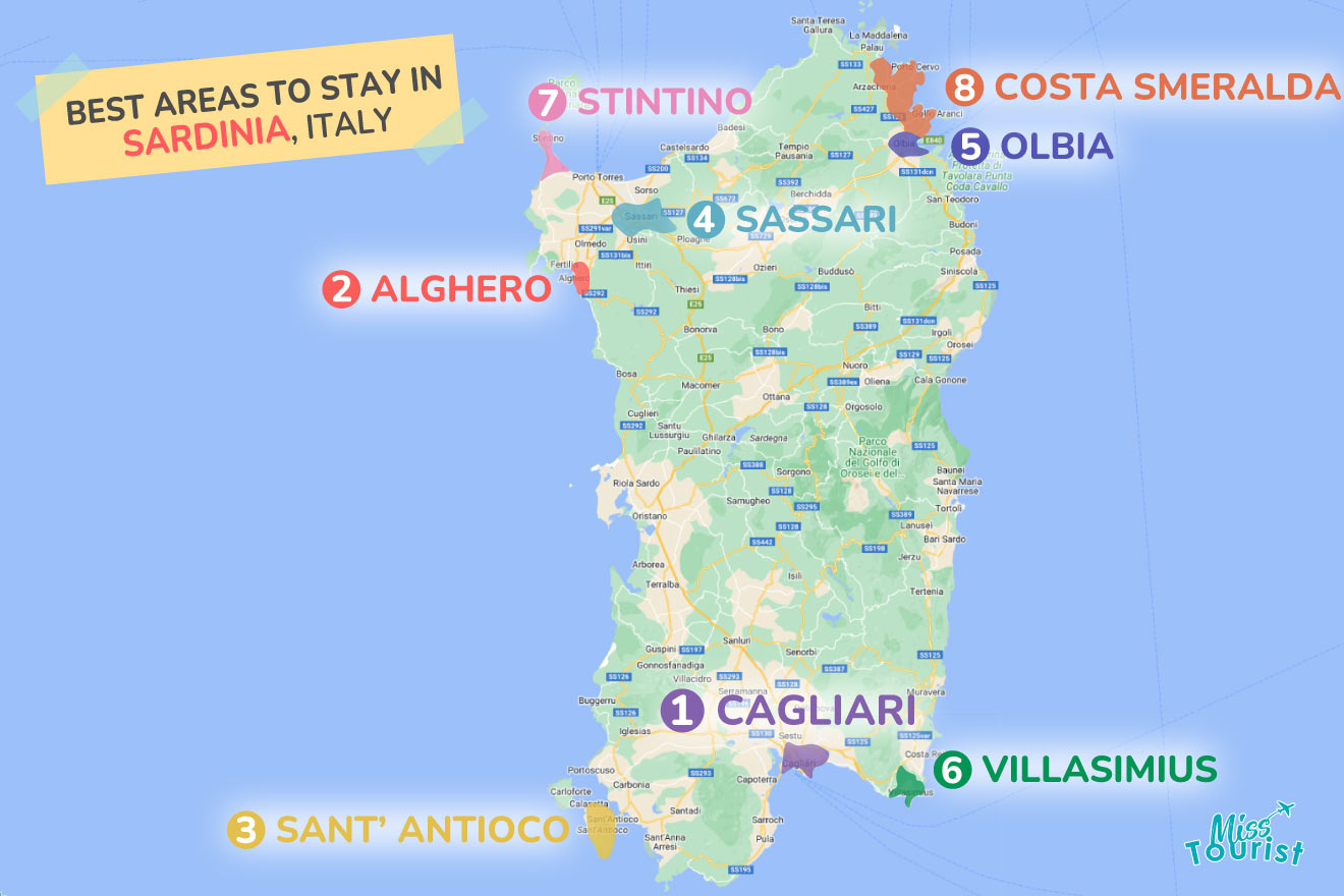 A colorful map highlighting the best areas to stay in Sardinia with numbered locations and labels for easy navigation
