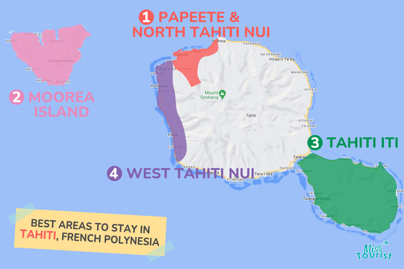 A colorful map highlighting the best areas to stay in Tahiti with numbered locations and labels for easy navigation
