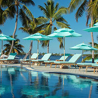 An outdoor pool with turquoise umbrellas and sun loungers surrounded by palm trees, set against a blue sky.