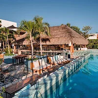 An outdoor poolside bar with thatched roofing, surrounded by palm trees and seating areas, under a clear blue sky.
