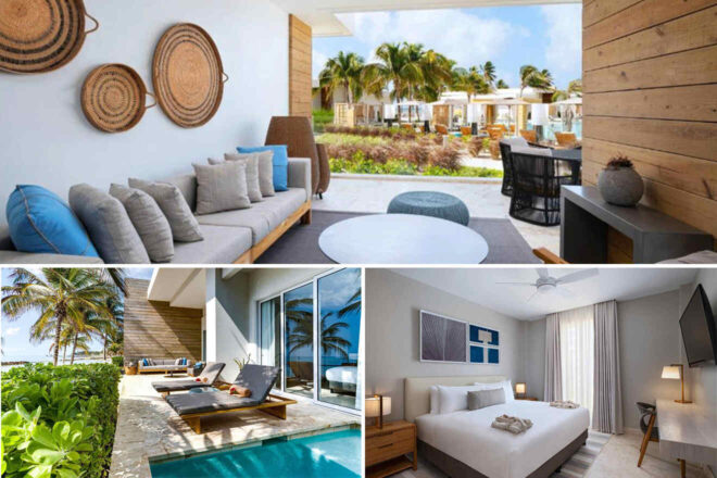 Collage of 3 pics of luxury hotel: a modern outdoor lounge area with wicker wall decor, a poolside patio with loungers and a garden view, and an interior of a bedroom with a neatly made bed and contemporary decor.