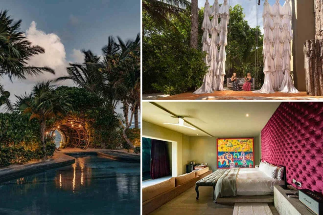 Collage of 3 pics of hotel in Tulum: a pool surrounded by greenery, a relaxation area with canopy curtains and seating, and a modern bedroom with vibrant wall art and a tufted headboard.