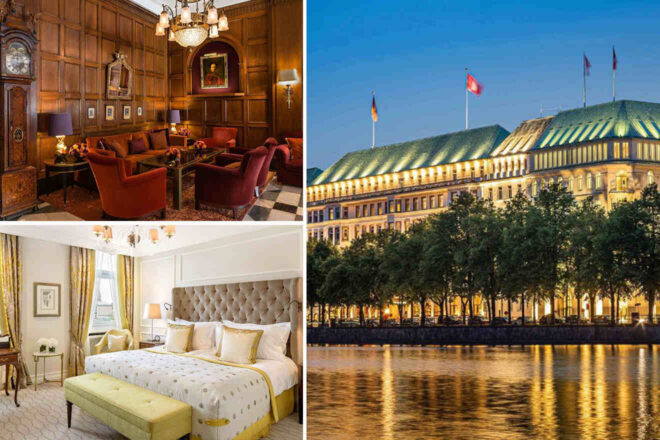 Collage of 3 pics of luxury hotel: a elegant wood-paneled lounge, an exterior view of the hotel's illuminated facade at dusk, and a stylish bedroom with yellow accents.