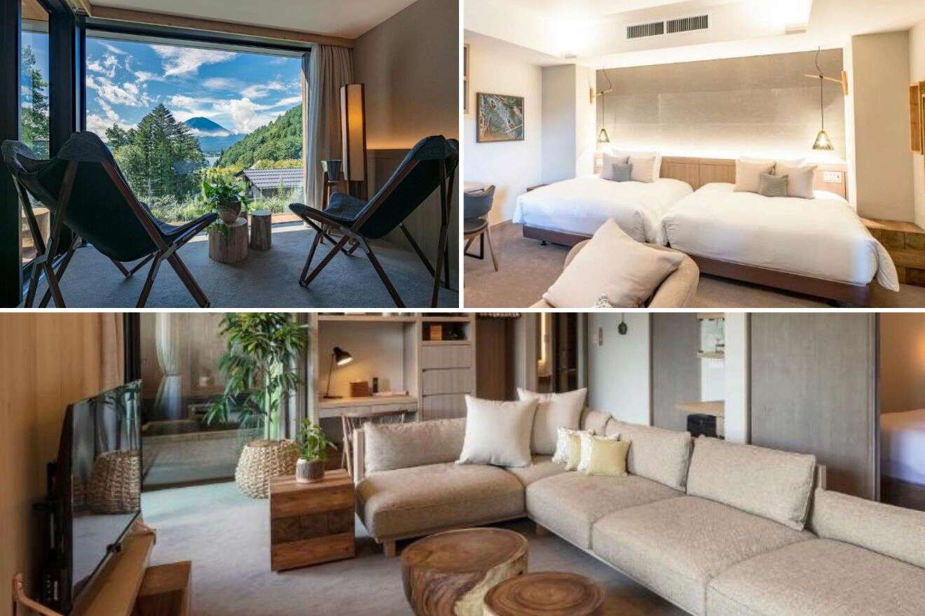 A collage of three hotels with onsen photos to stay in Mt Fuji: a spacious room with a large window offering a breathtaking view of Mt Fuji, a cozy twin bedroom with modern decor, and a comfortable living area with a large sectional sofa.