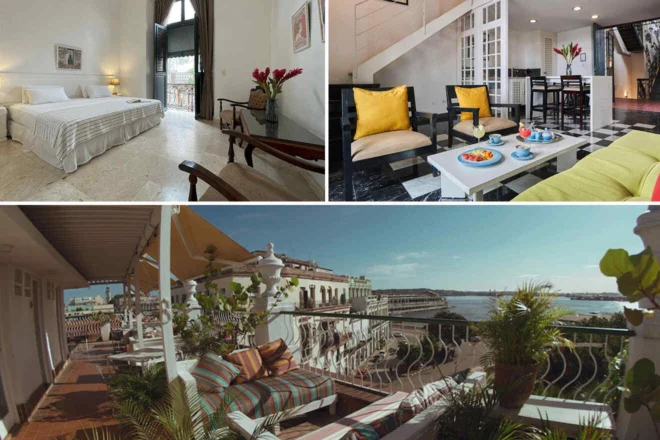 Collage of 3 pics of hotel in Havana: a bedroom, a living area with yellow and green chairs, and a balcony with lounge chairs overlooking a cityscape and the sea.
