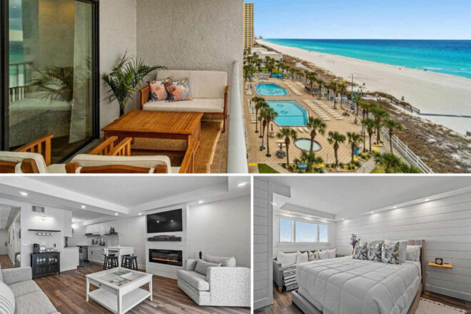 Collage of 3 pics of luxury hotel: a beachfront resort showing a balcony with seating, multiple swimming pools, a modern living area, and a bedroom with a double bed.