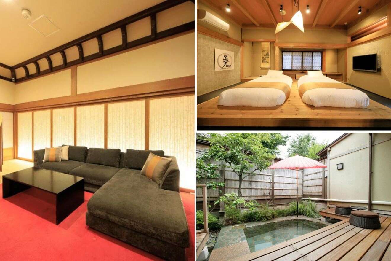 A collage of three hotels with onsen photos to stay in Mt Fuji: a traditional Japanese-style room with futons on a raised platform, an inviting outdoor onsen with a wooden deck, and a modern living room with a dark sectional sofa and vibrant red carpet.