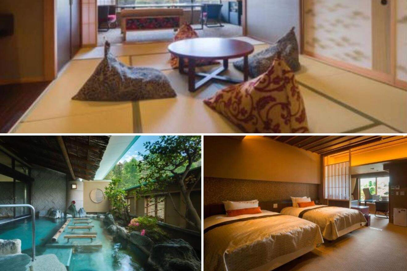 A collage of three hotels with onsen photos to stay in Mt Fuji: a serene tatami mat room with bean bag seating, an outdoor onsen surrounded by nature, and a modern bedroom with twin beds and a warm ambiance.