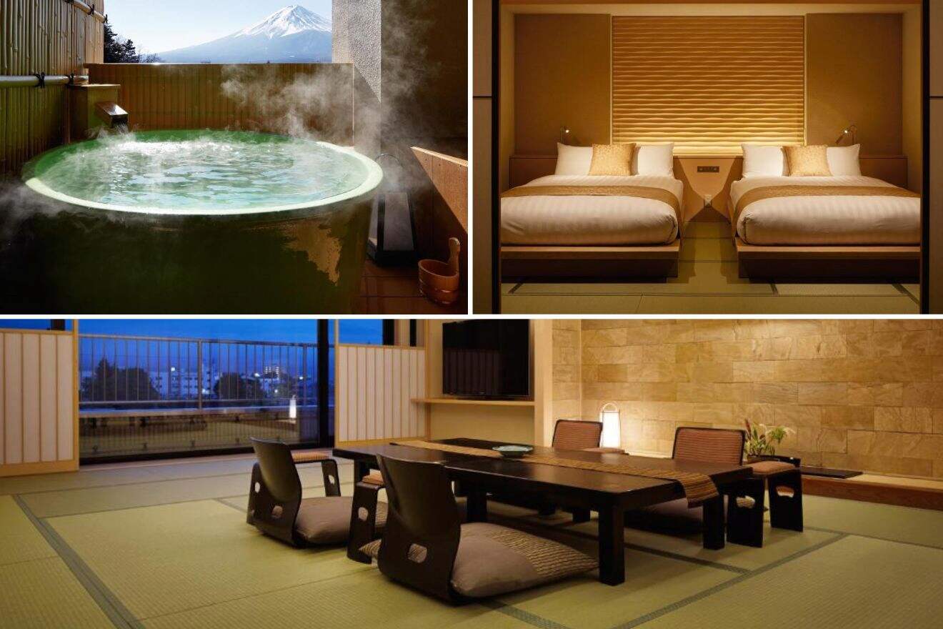 A collage of three hotels with onsen photos to stay in Mt Fuji: a luxurious outdoor onsen with a view of Mt Fuji, a minimalistic twin bedroom with soft lighting, and a traditional tatami dining area with low seating.